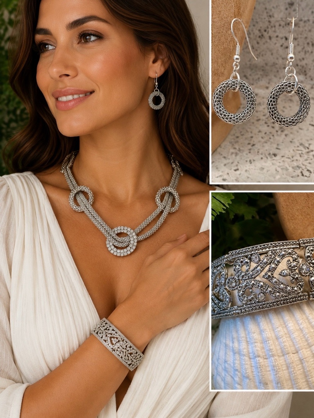 Silver tone mesh jewelry set with rhinestone accent.